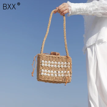 

[BXX] Straw Pearl Bucket Bags For Women 2020 Summer Crossbody Bags Travel Purses Handbags Female Shoulder Messenger Bag HL037