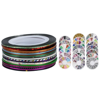 

20pcs Wheel Nail Art Tips Pearl Beads Rhinestones 3D Nail Stickers & 30Pcs Mixed Colors Rolls Striping Tape Line Nail Art Tips D
