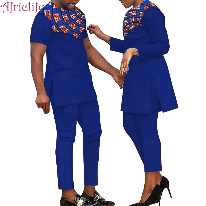 Новейший дизайн; комплект со штанами для влюбленных; комплект из хлопка для мужчин и женщин; комплект с футболкой; одежда для пары в африканском стиле; Семейные платья; WYQ390 - Цвет: 4