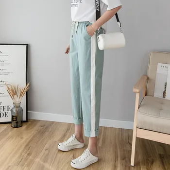 

Cotton Linen Ankle Length Pants Women's Spring Summer Casual Trousers Pencil Casual Pants Striped Women's Trousers Green Pink