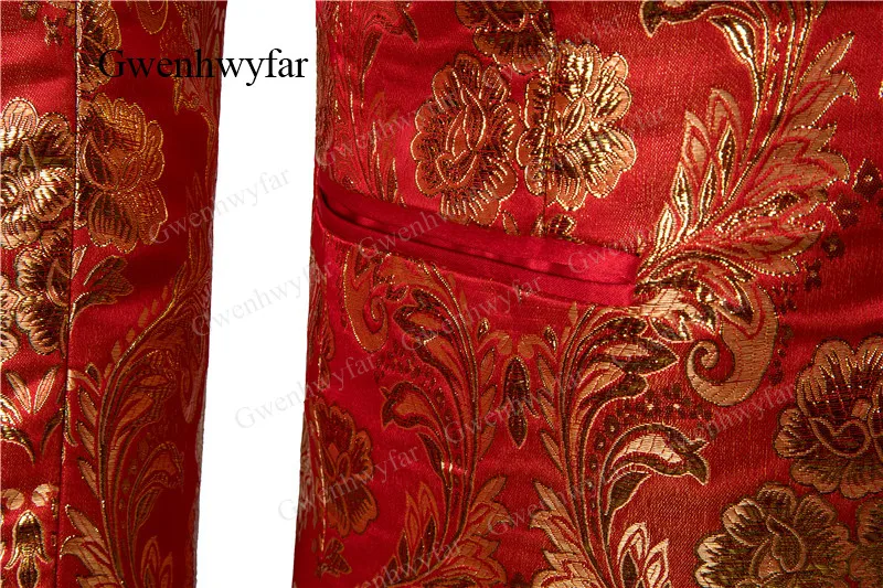Gwenhwyfar Luxury Gold Embroidery Red Costume Homme Asian Topic Wedding Men Suit Blazer Waistcoat Pants Bowtie