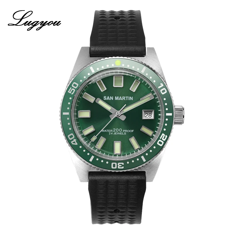 Rubber Green Bezel Lugyou San Martin 62Mas Diver механические Автоматические Мужские часы из нержавеющей стали NH35 керамический ободок с циферблатом от солнца резиновое минеральное стекло - Цвет: Rubber Green Bezel