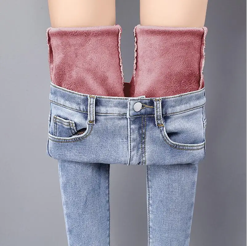 9906 Light Blue Pink Зимние теплые женские джинсы, повседневные Бархатные женские брюки с высокой талией, женские джинсовые брюки для женщин, брюки размера плюс - Цвет: 9906 Light Blue Pink