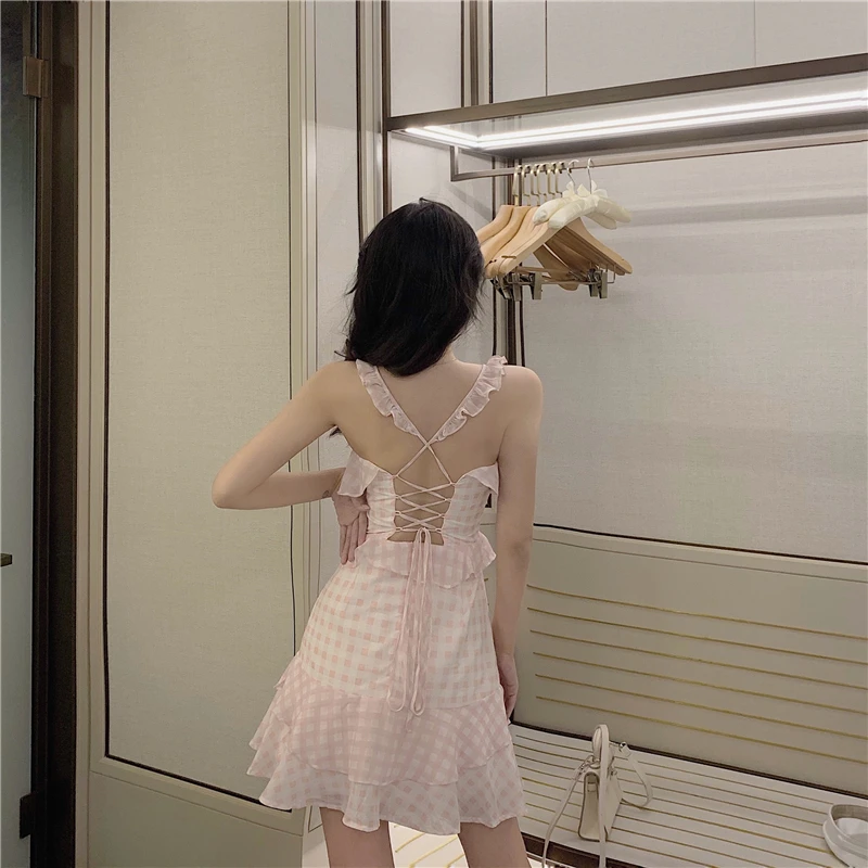 

New Japan Style Lolita A-shaped Dress Sexy Retro Plaid Lotus Leaf Edge Slim High Waist Female Fashion Sweet Dresses