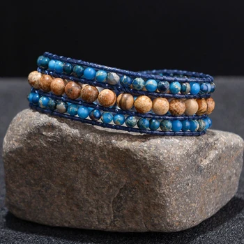 

Natural Picture Stone Beaded Wrap Bracelets for Women High End Handmade Blue Brown Beads Cuff Bracelet Fashion Jewelry Dropship