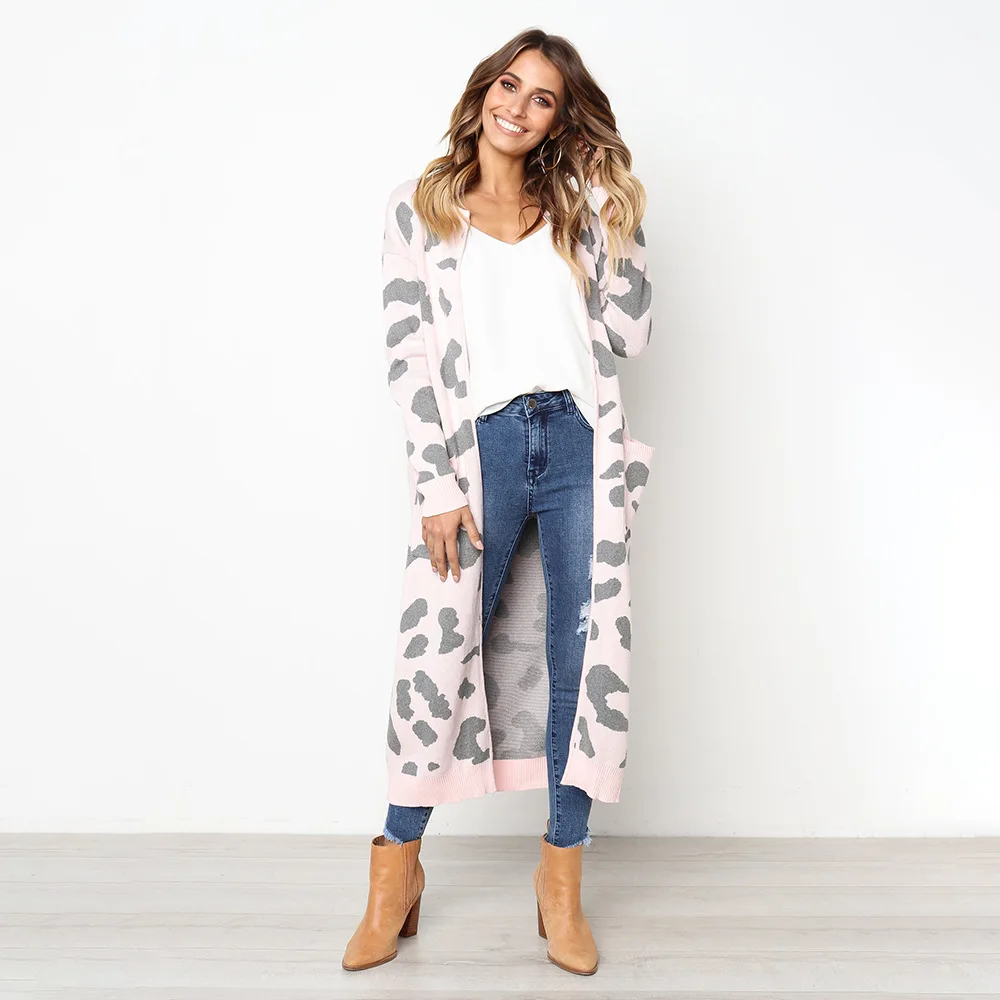 Autumn New Women Leopard Leisure Ins Style Knitted Long Cardigan Long Sleeve Sweater Overcoat Female Lady Outwear Coats