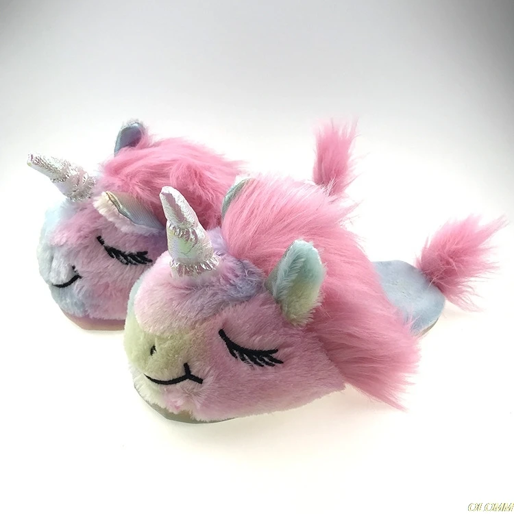 

new cute colorful velvet unicorn plush shoes women home indoor winter rainbow unicorn slippers Waterproof non-slip shoes