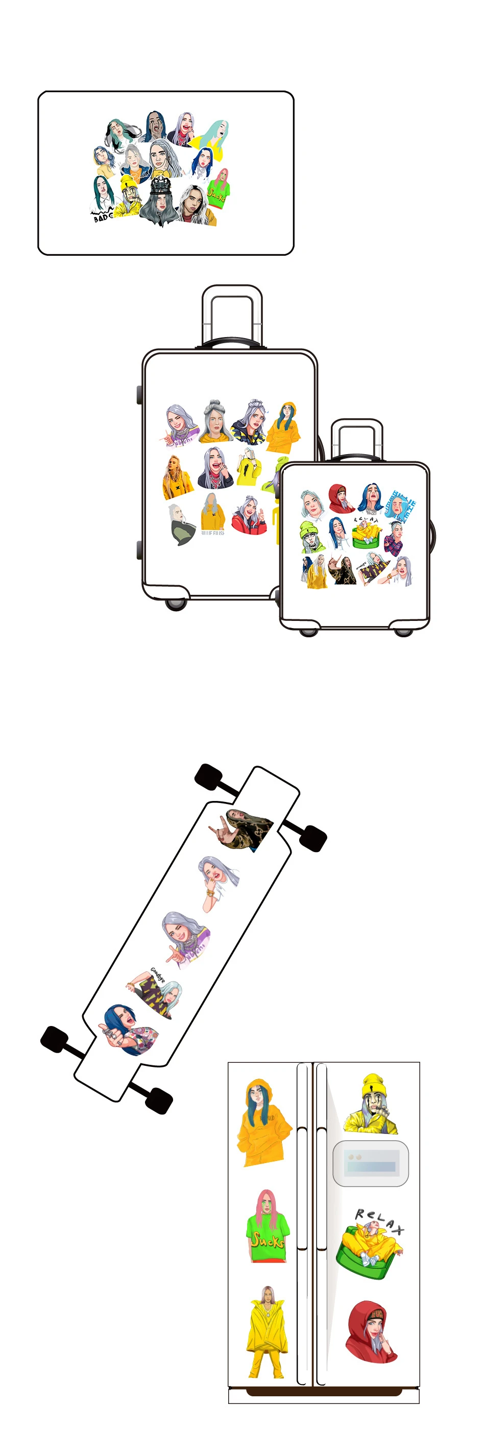 53 шт./компл. Billie Eilish наклейки для детских игрушек, Чемодан двигатель автомобиля чемодан ноутбука скейтборд настенные часы Прохладный аниме футболка с декором в виде