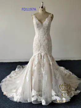 

Mermaid/Trumpt sleeveless champagne gorgeous lace deep v neck wedding dress