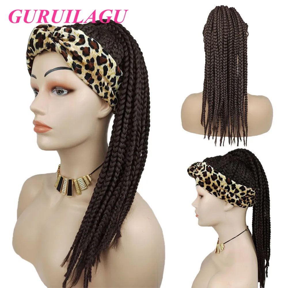 

GURUILAGU Braided Box Braids Wigs Synthetic Wigs for Black Women Color 2# Braided Wigs Heat Resistant Fiber Hair Handband Wig