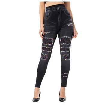 

Women Casual Pencil Pants Imitation Jeans Pants Denim Trousers Cowboy Leggings Bead High Elasticity Slim Cropped Pants #6.17