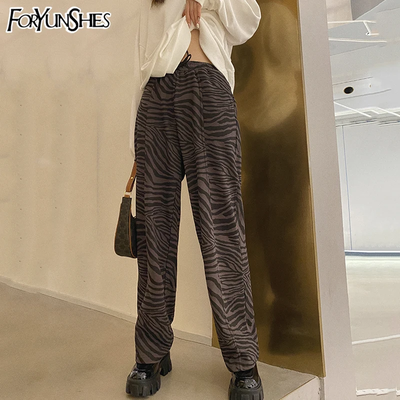 

FORYUNSHES Women Zebra Printed Wide Leg Pants Female Drawstring High Waist Loose Casual Straight Trousers 2020 Autumn Winter