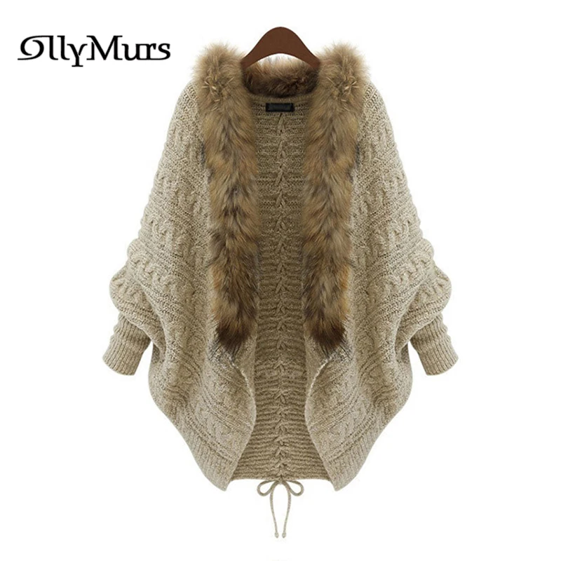 

Fur Collar Loose Cardigans KM020 Batwing Sleeve Fashion Kniited Outerwears Plus Size Women Clothing Fall Winter Knit Sweaters