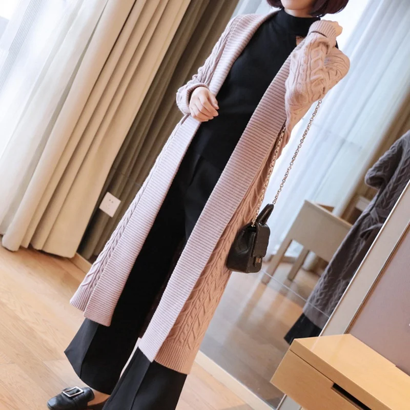 Lace Up Autumn Winter Sweater Cardigan Slim Women Korean Fashion Knitted Thick Long Cardigan Coat Ladies Lazy Knit Jacket AA5040