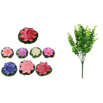 

7x Artificial Boxwood & 8Pcs Artificial Simulation Lotus Fake Water Lily Pool Floating Lotus Leaf Flowers