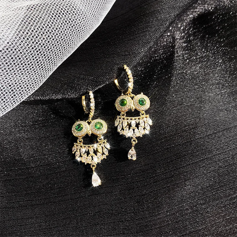 

USTAR New Owl Crystal Drop Earrings for Women female Gold Gun black Dangle Earrings Accessories Party Jewelry Gifts