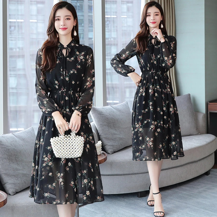 Черное платье феи с цветочным принтом Осеннее/весеннее женское средней длины в