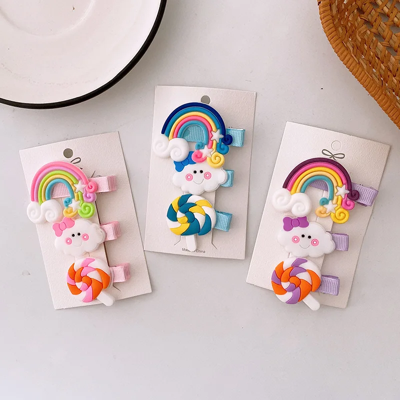 

3 Pcs Simple Cute Rainbow Cloud Lollipop Soft Plastic Children's Duckbill Clip Fashion Sweet Girl Barrettes Hair Accessories