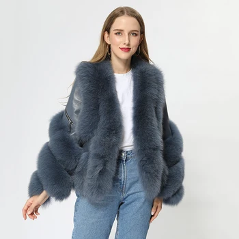 Billige Winter Frauen Kurze Casual Voll Ärmeln V-ausschnitt Echt Fuchs Pelz Mantel Mit Leder MJF-FC-27