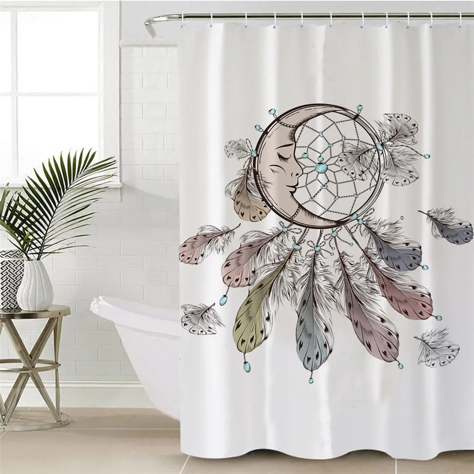 Постельное белье Outlet Dreamcatcher занавеска для душа Спящая Луна Водонепроницаемая декоративная занавеска для ванной с крючками богемный декор для ванной комнаты - Цвет: White