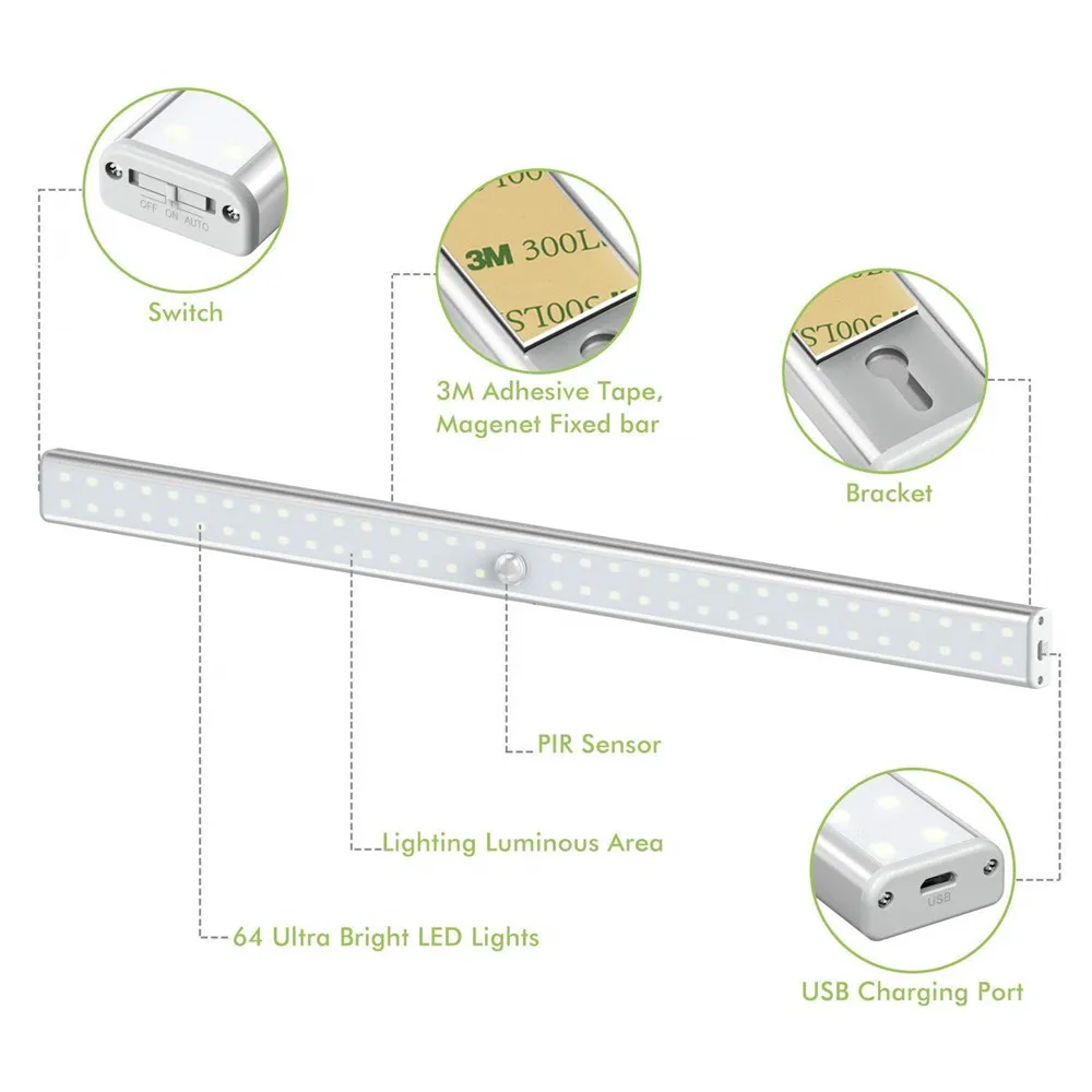 קנו תחת אורות הקבינט | 20/36/64LEDs USB Rechargeable LED Under Cabinet Light  PIR Motion Sensor Cabinet Closet Night Light for Wardrobe Cupboard Kitchen