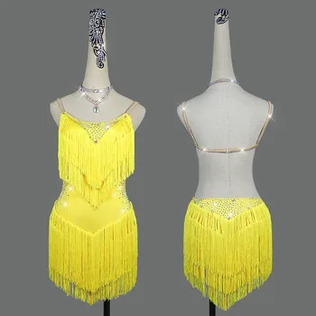 

Latin Dance Competition Dresses Women Yellow Tassels Dancing Performance Skirt Adult Children Shining Rhinestone Salsa Dress