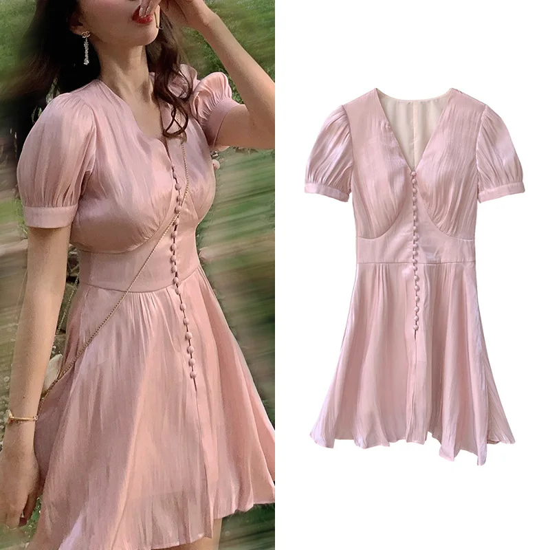 Women Clothes Modern Valley Solid Color Summer High Waist Slim Retro Short Sleeve Girls Silk Satin Dress | Женская одежда