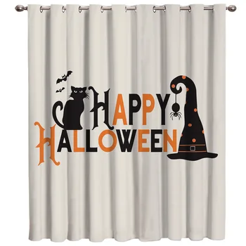 

Halloween Themed Cat And Witch Hat Indoor Floral Fabric Kids Window Treatment Hardware Sets Curtain