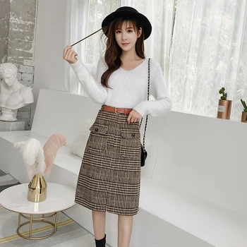 

Plaid Skirt Autumn And Winter Woolen Thousands of Birds Pocket High-waisted Lace-up Slit Mid-length Slimming Skirt