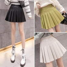 Кожаные юбки для школьниц в Корейском стиле; сезон осень-зима; женские кожаные плиссированные юбки с высокой талией; цвет черный, зеленый, абрикосовый