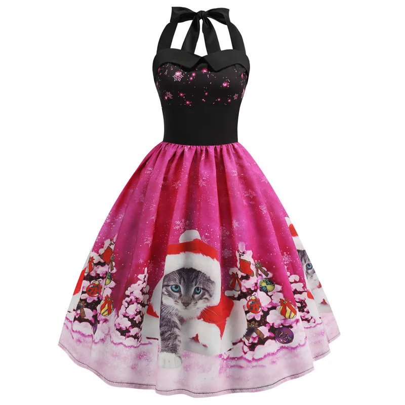 Винтажное платье повседневное рождественское платье с котом снеговиком женское платье 50S 60S рокабилли расклишенный пин ап Vestido лоскутное элегантное вечернее платье