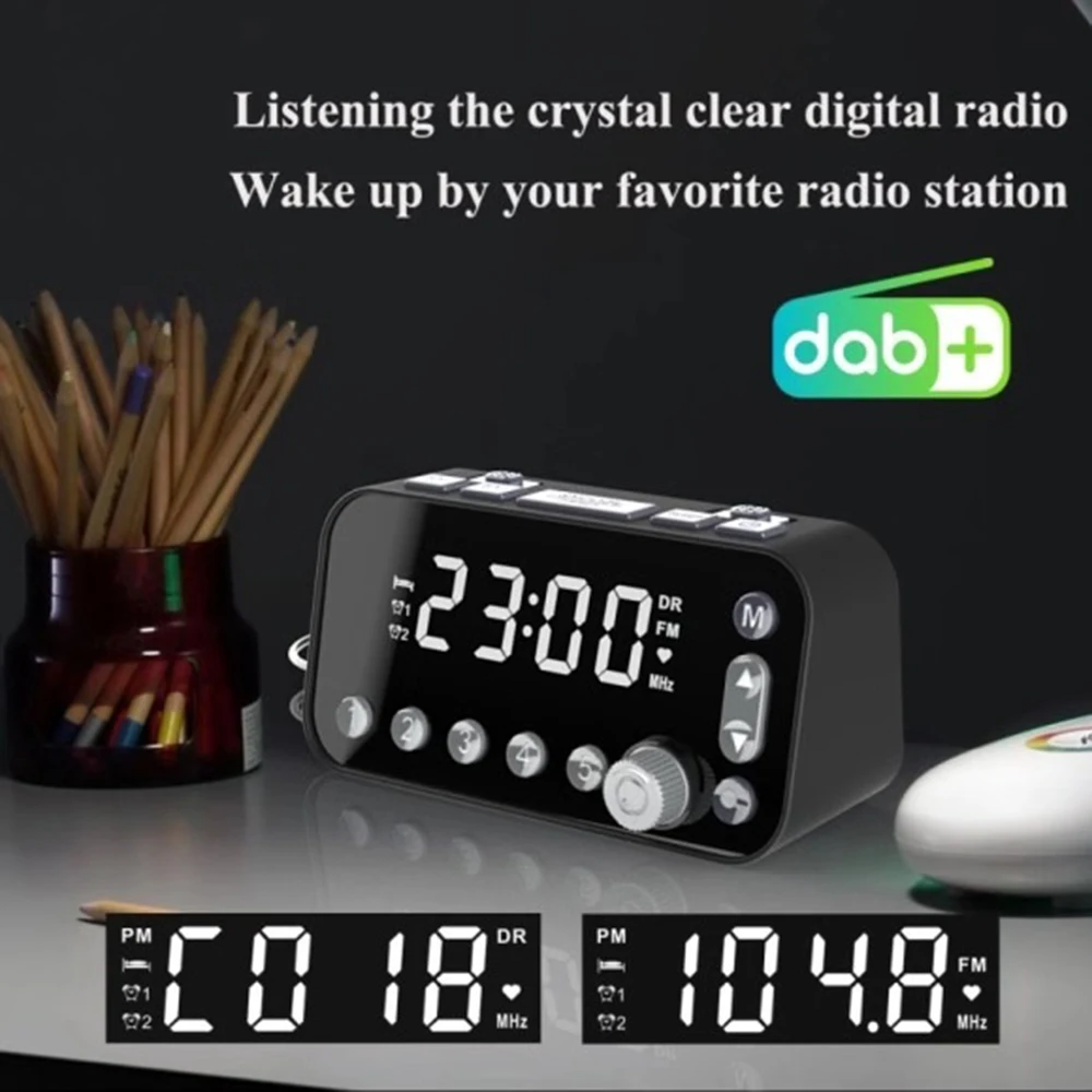Reloj despertador Digital DAB FM, Radio, puerto de carga USB Dual, pantalla  LCD, retroiluminación, volumen de alarma ajustable - AliExpress
