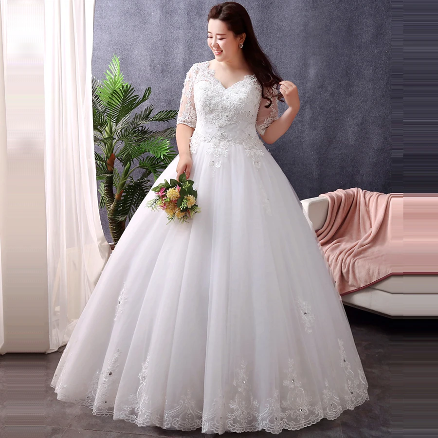 Свадебные платья с коротким рукавом v-образным вырезом размера плюс Vestido De Novia Кристальный цветок Элегантное белое свадебное платье T107