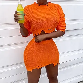 

Knitted Autumn 2020 Fashion 2 Piece Set Outfits Women Long Sleeve Casual Matching Sets Solid Cropped Sweater And Skirt Set