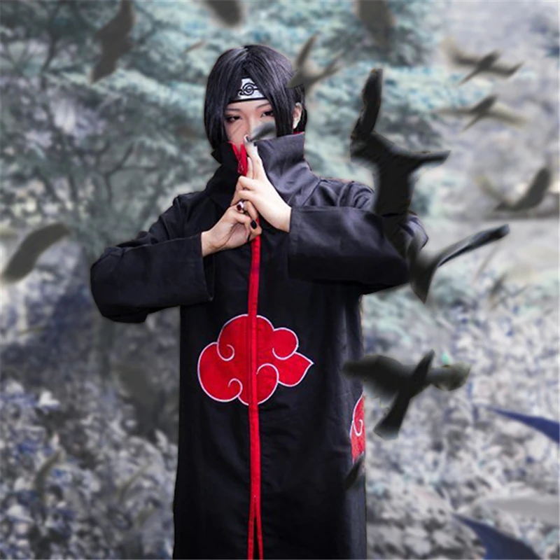 Аниме Наруто Akatsuki Учиха Итачи костюмы для косплея Шаринган повязка на голову+ шурикен+ плащ+ брюки комбинезоны вечерние костюм на Хэллоуин