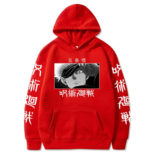 Anime Jujutsu Kaisen Casual Hoodies for Men Satoru Gojo Print Hoodies New Fashion Unisex Oversized Pullovers Men's Clothings Red
