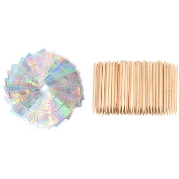

1 Set Nail Vinyls Stencil Stickers Set & 100Pcs Nail Art Design Wood Stick Cuticle Pusher Remover Manicure Care