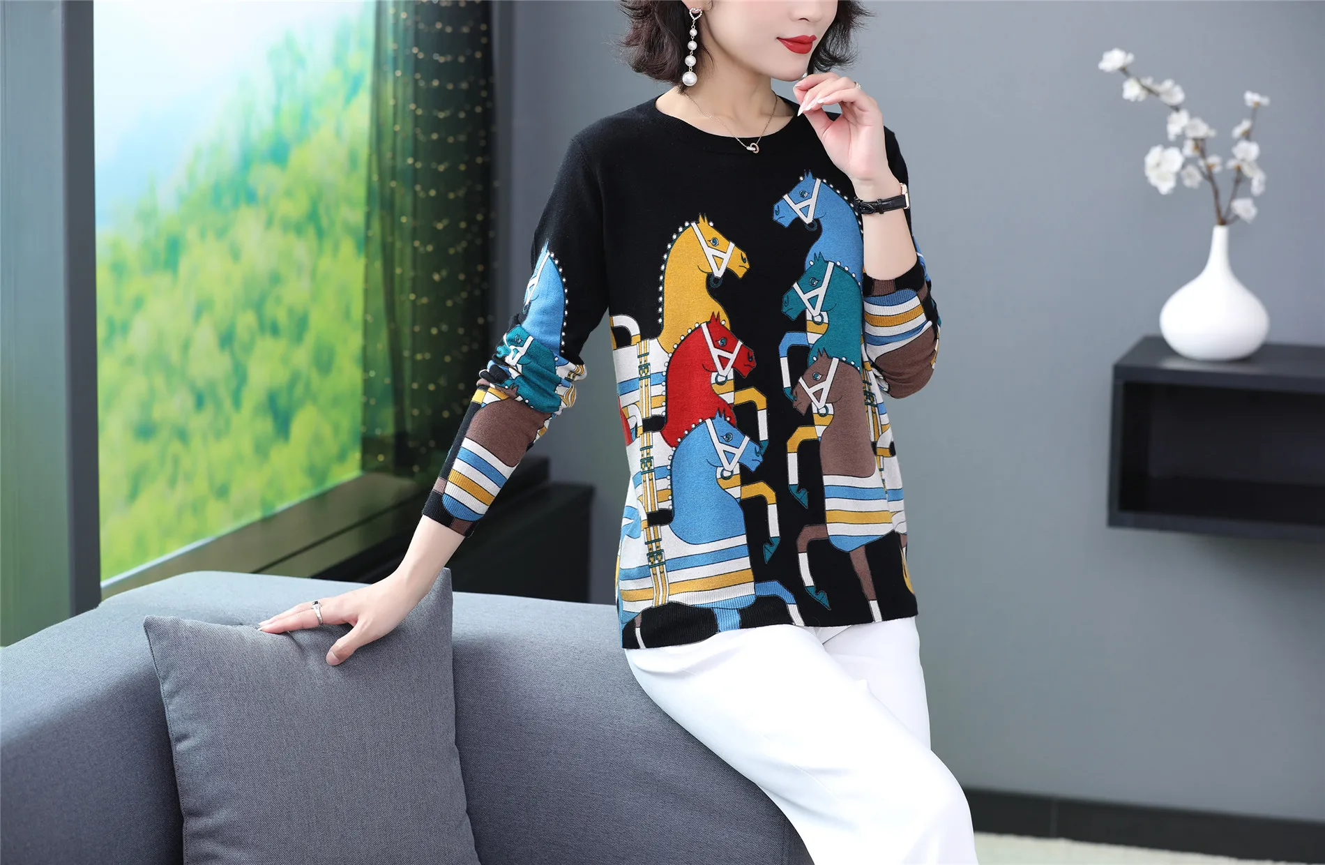 YISU вязаный свитер женский осенне-зимний пуловер с длинными рукавами и круглым вырезом с рисунком лошади Тонкий джемпер свитер женский