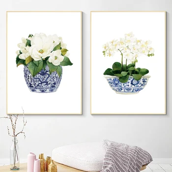 

White Orchid & Magnolia Watercolor Chinoiserie Decor Canvas Print Oriental Vase Blue White Willow Style Porcelain Flower Jar