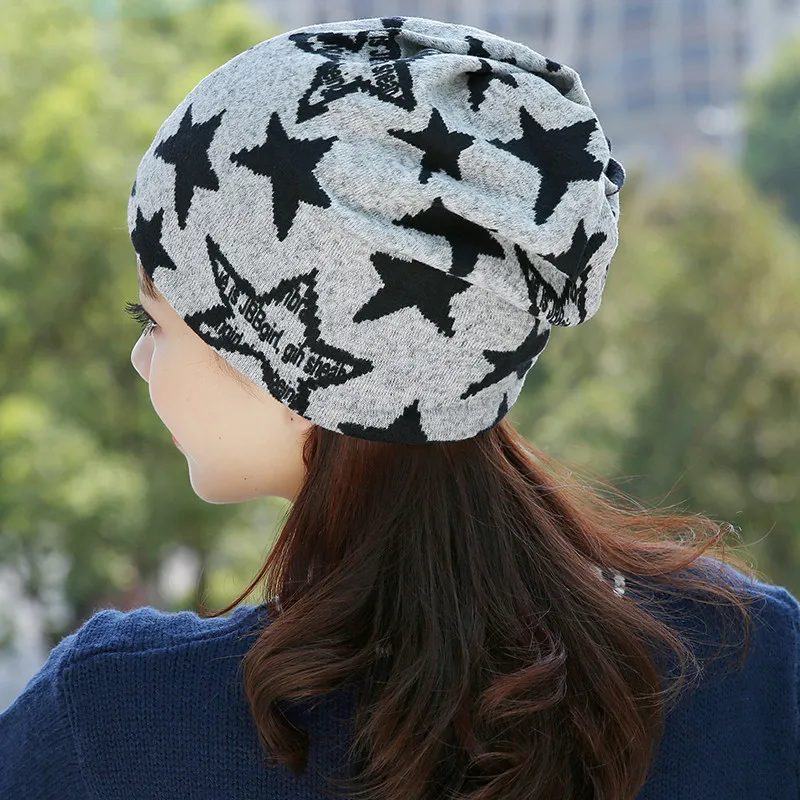Новинка, Звездные зимние шапочки Skullies, женская вязаная шапка, цвет серый, натуральный хлопок, Осенняя шапка, повседневный мягкий плотный колпачок для взрослых