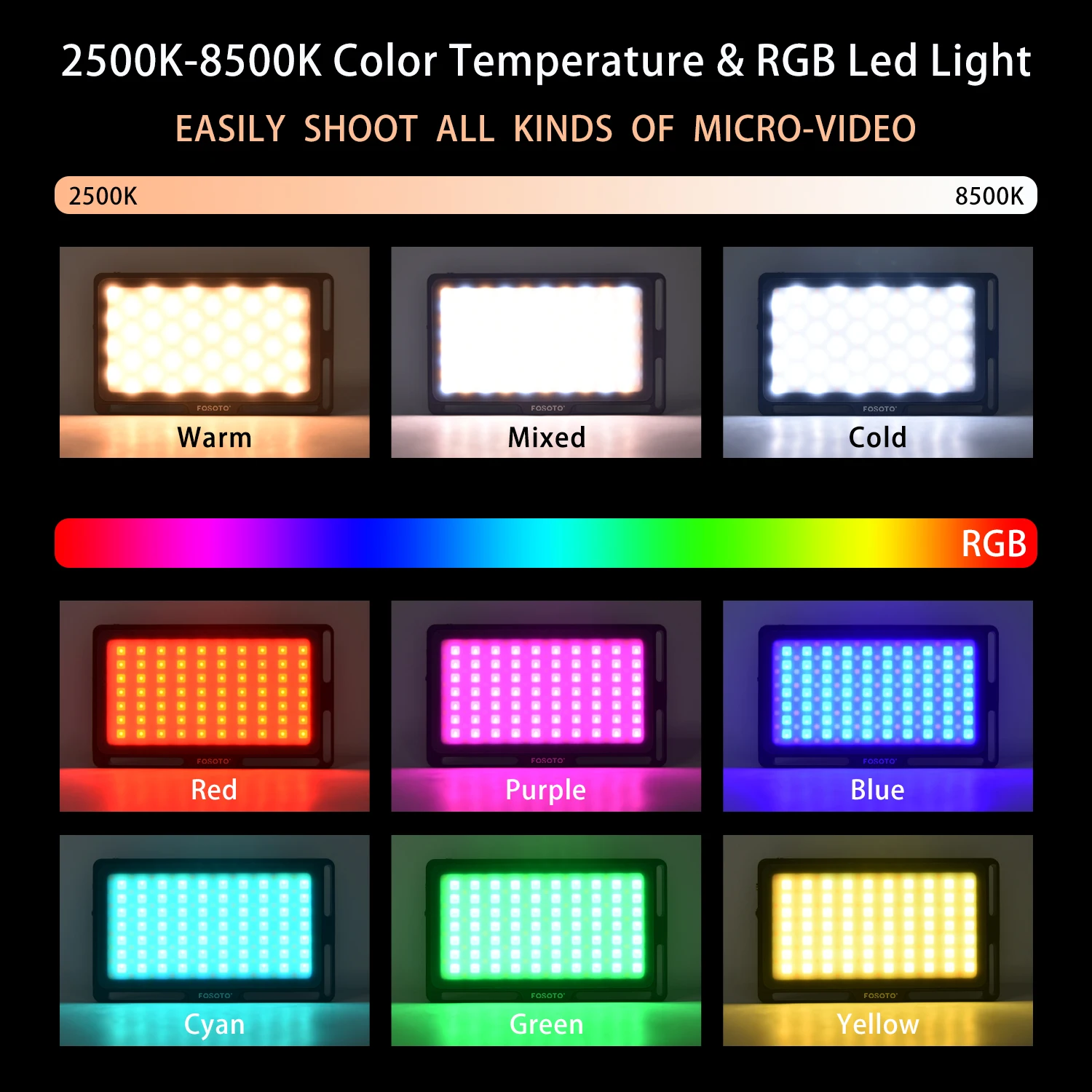 Fosoto FT-08 мини-светильник для фотосъемки RGB светодиодный светильник для видео 2500 K-8500 K с регулируемой яркостью полноцветный студийный Vlog светильник ing для DSLR камеры