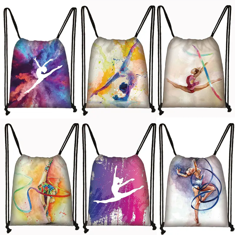 

Watercolor Gymnastics Art Print Drawstring Bag Gymnast Storage Bag Swan Lake Teenager Girls Travel Backpack Shoes Holder Gift