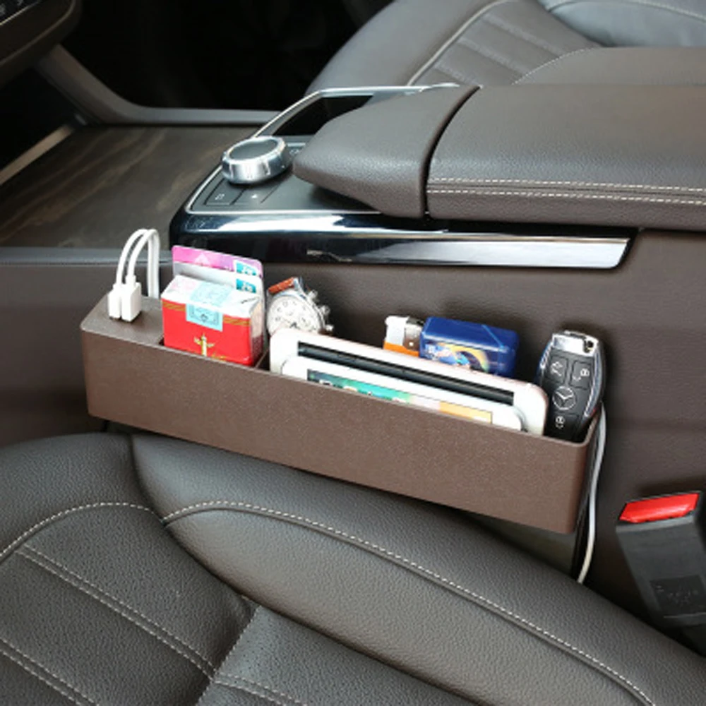 Universal Rechargeable multi-function Car Organizer Seat Gap PU Case Pocket Car Seat Side Slit for Wallet Phone Coins Keys Cards