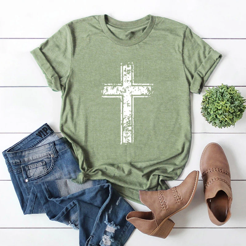 

2019 Fashion New Women T Shirts Summer Short Sleeve Vintage Jesus T-shirt Christian Cross Print Tops Female Tee Shirt Plus Size
