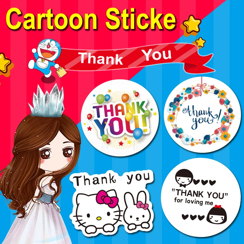 

100PCS 3X3CM Thank you cartoon creative stickers packaging stationery label sealing self-adhesive handmade products baking DIY