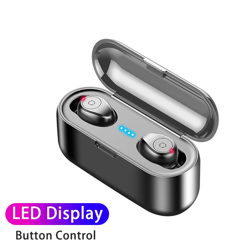 F9 TWS Bluetooth earphone LED Display Wireless headphones Touch Control Bluetooth wireless earphones With 2000mAh Power Bank - Color: Button Black