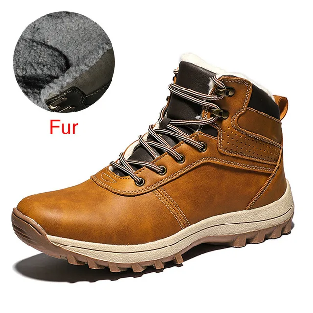 brown boots fur warm Брендовые мужские ботинки; зимние теплые кожаные ботинки; высококачественные плюшевые водонепроницаемые ботильоны с мехом; кроссовки-светильник; большой размер 48 - Цвет: brown boots fur warm