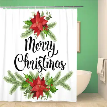 

72x78 Inches Shower Curtain Christmas Design Composition Wreath of Red Poinsettia and Leaves Watercolor Decoration Waterproof