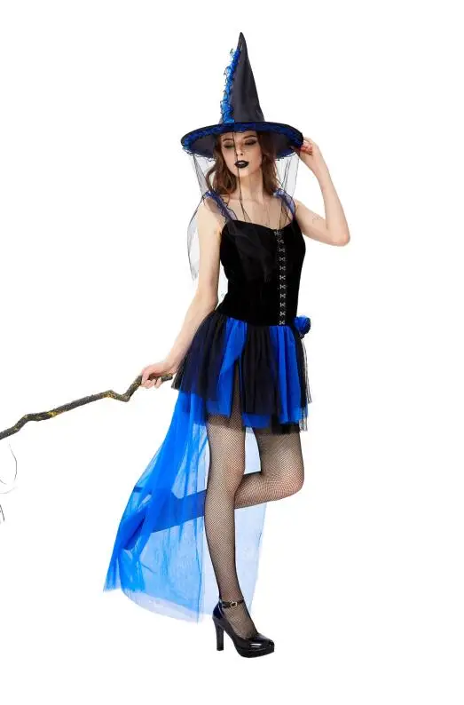 Sexy Gothic Black Witch Mini High-low Dress Adult Halloween Cosplay Costume with Hat