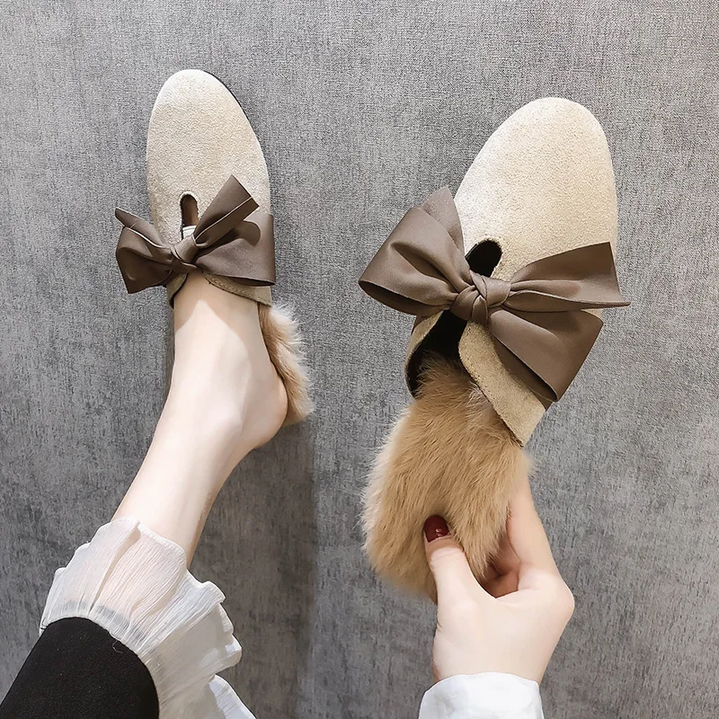 

Luxury Slides Shoes Woman 2019 Slippers Fur Cover Toe Butterfly-knot Flock Low Mules Women Designer Plush New Flat Retro Rubber